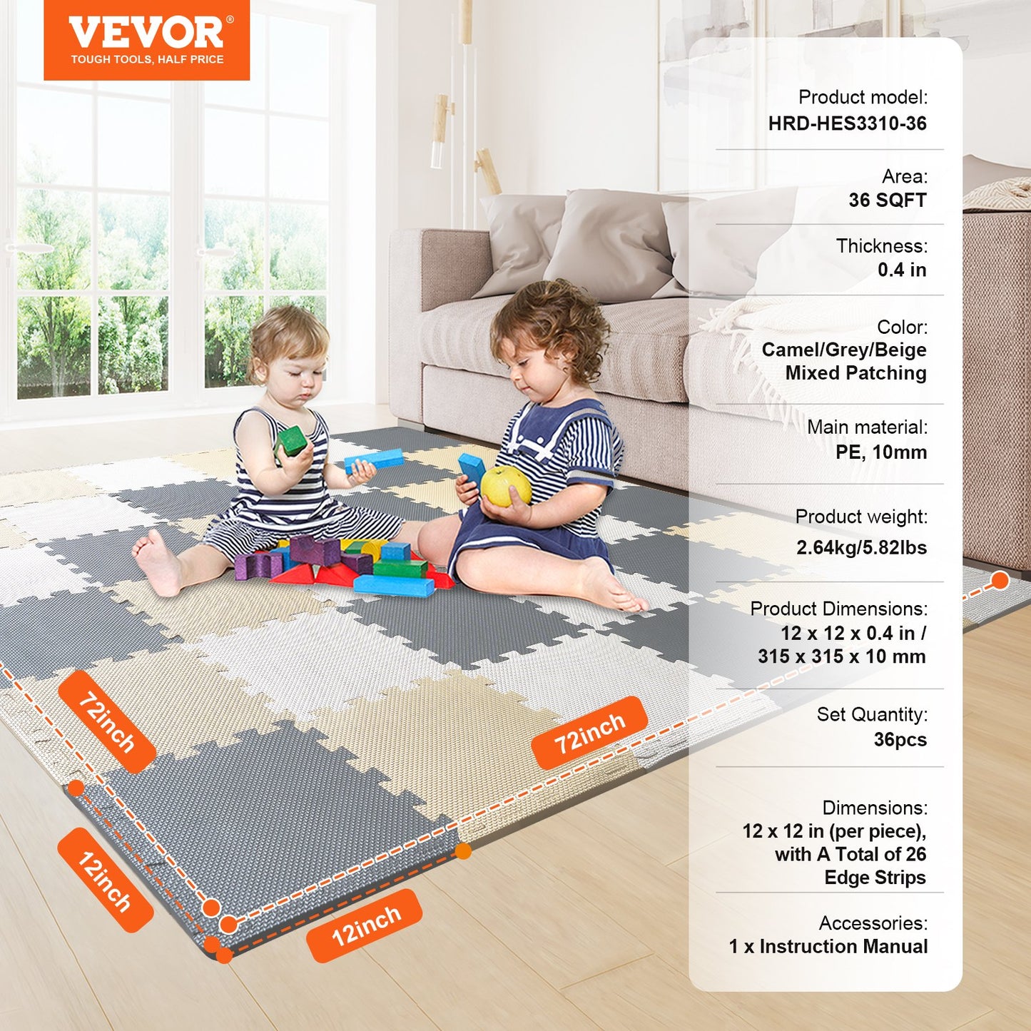 Kids Foam Puzzle Floor Play Mat 0.4 in 36pcs Interlocking EVA Soft Tiles