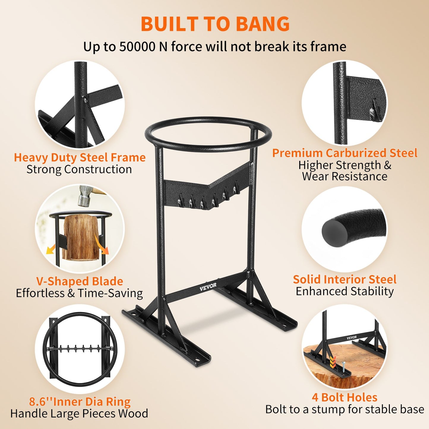 Log Splitter, XL Log Splitter for 8.6 inch Dia. Wood, Portable "V" Shaped Finger Safe Log Splitter, Heavy Duty Solid Steel Wedge Machine, Manual Log Splitter, with Protective Bag for Home Camping