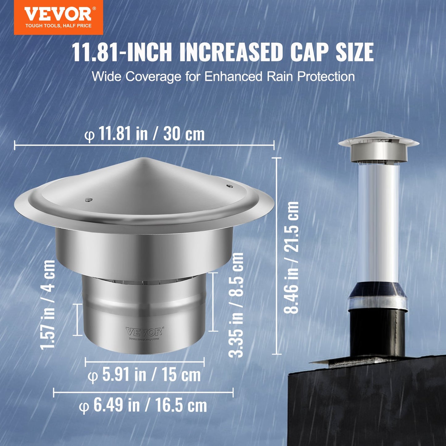 Chimney cap, 152.4 mm, 304 stainless steel rain cover with round roof, 300 mm raised covers, all weather & reinforced screws & easy installation, for perfect insulation External valve cover, silver