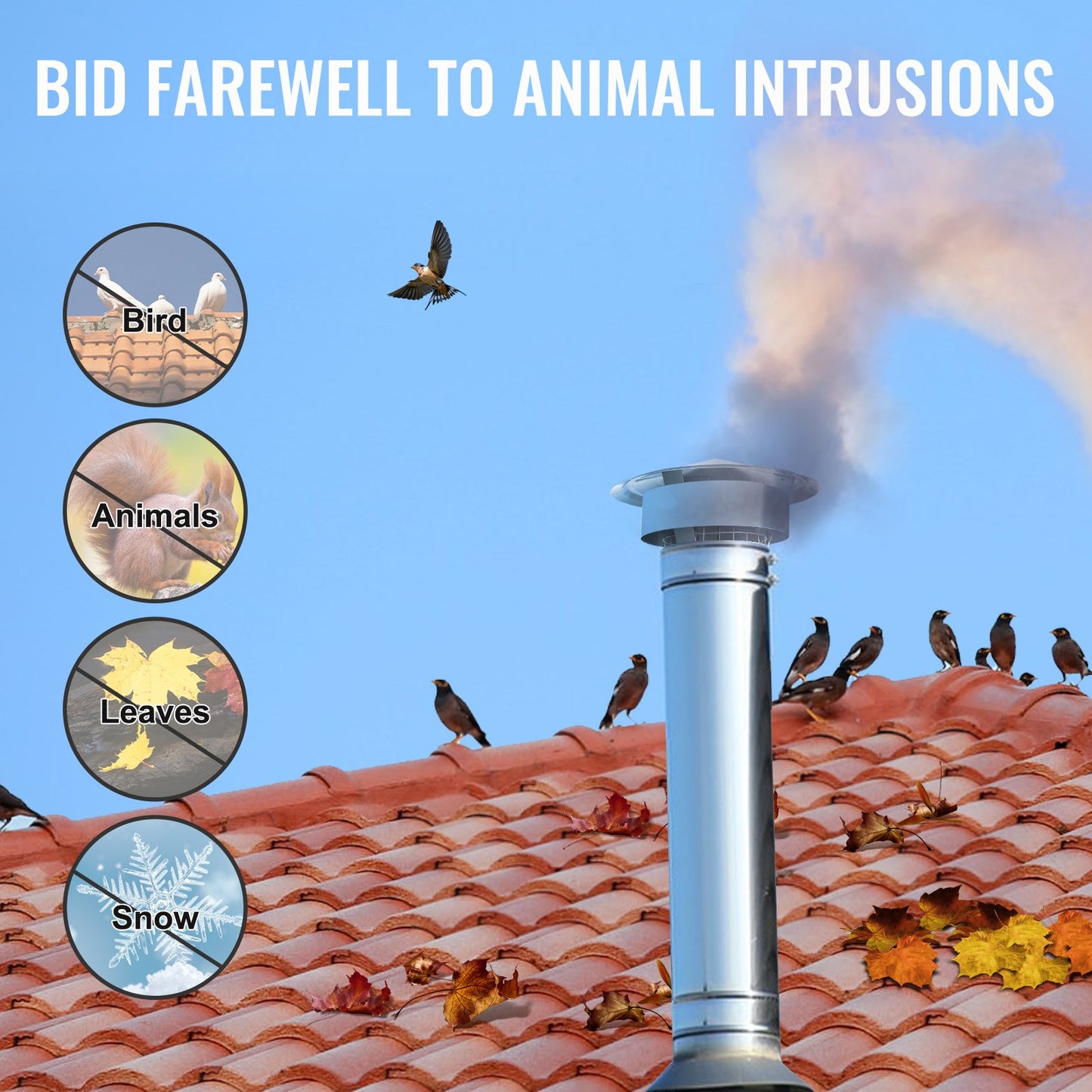 Chimney cap, 152.4 mm, 304 stainless steel rain cover with round roof, 300 mm raised covers, all weather & reinforced screws & easy installation, for perfect insulation External valve cover, silver