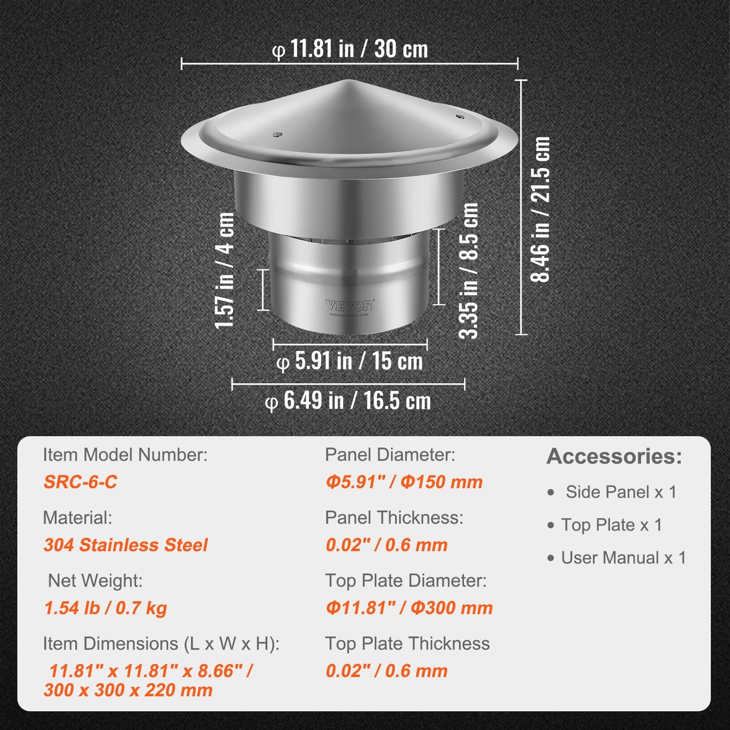 Chimney cap, 152.4 mm, 304 stainless steel rain cover with round roof, 300 mm raised covers, all weather & reinforced screws & easy installation, for perfect insulation External valve cover, silver