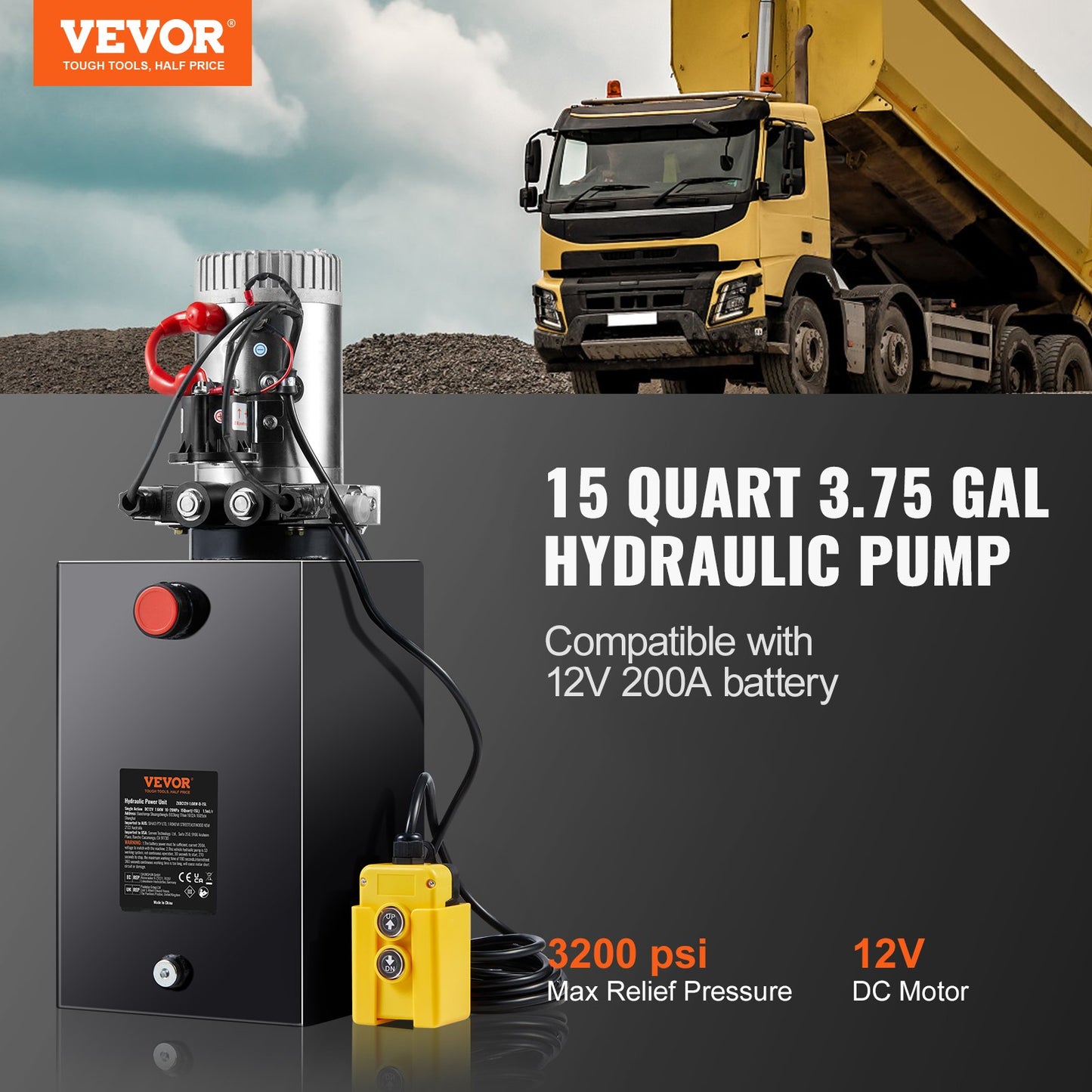 Hydraulpump 15 Quarts Dubbelverkande Dump Trailer Pump Power Unit DC 12V