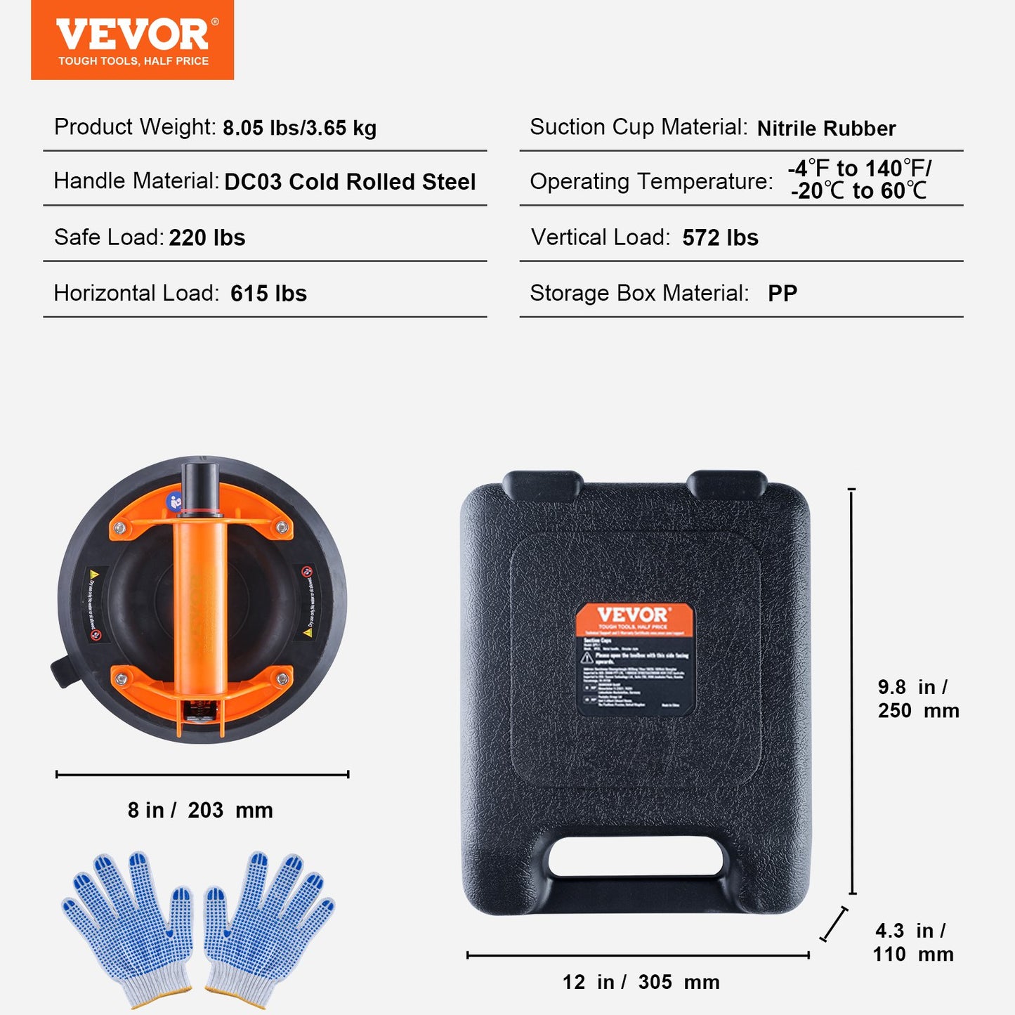 Glass Suction Cup, 8" 2-Pack 615 lbs Load Capacity, Vacuum Suction Cup with Steel Handle and Carrying Case, Heavy Duty Industrial Suction Cup Lifting Tools for Glass, Granite, Tile, Metal, Wood Lifting