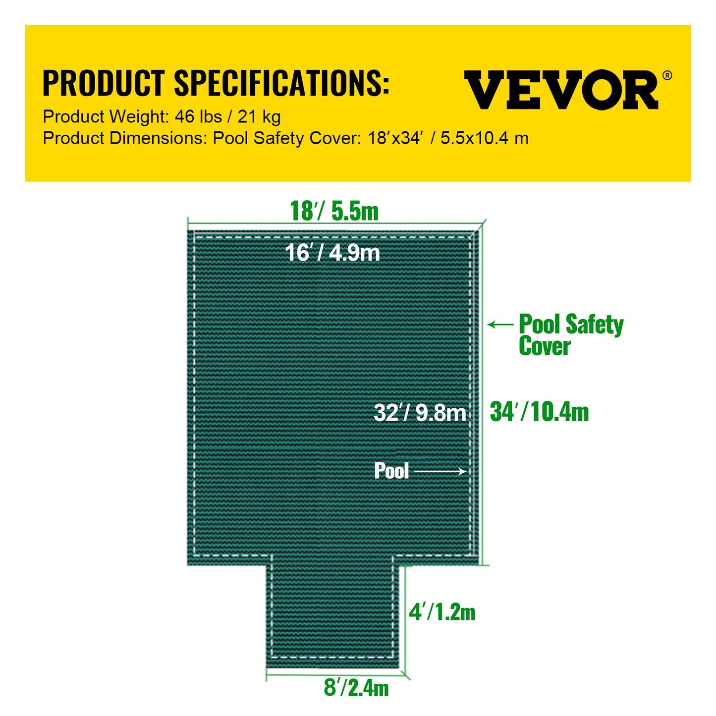 Pool Safety Cover Fits 16x32ft Rectangular Inground Pools, Safety Pool Cover with 4x10ft Middle End Step, Mesh Solid Pool Cover with Drainage Holes for Swimming Pool, Winter Safety Cover, Green