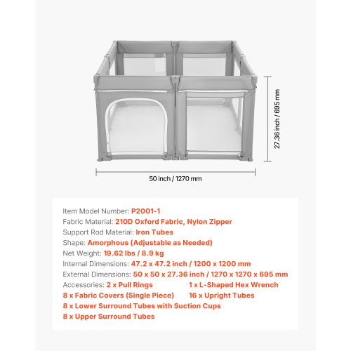 Babylekhage, 1200 x 1200 mm hopfällbar lekhage för småbarn, inomhus-/utomhusstaket för babylek med dragkedja och mjukt andningsbart nät, aktivitetscenter utan mellanrum för småbarn 6–24 månader | EU
