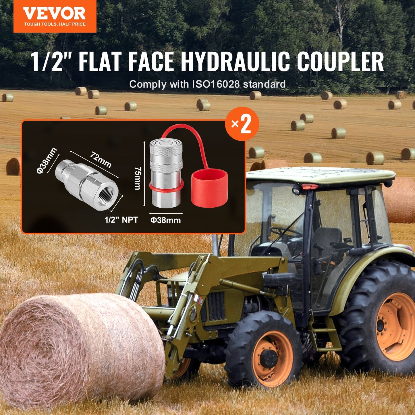 1/2" Flat Face Hydrauliska kopplingar 1/2" NPT skid Steer kopplingar 4 dammskydd