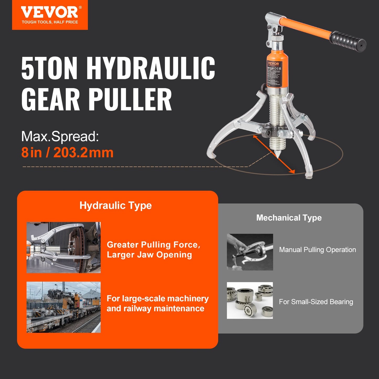 Hydraulischer Zahnradabzieher, 5 Tonnen maximale Kapazität Radlagerabzieher-Separator, 2 oder 3 Backenabzieher, vertikal und horizontal, 8" Backenhydraulikabzieher mit Gehäuse für Zugnabe