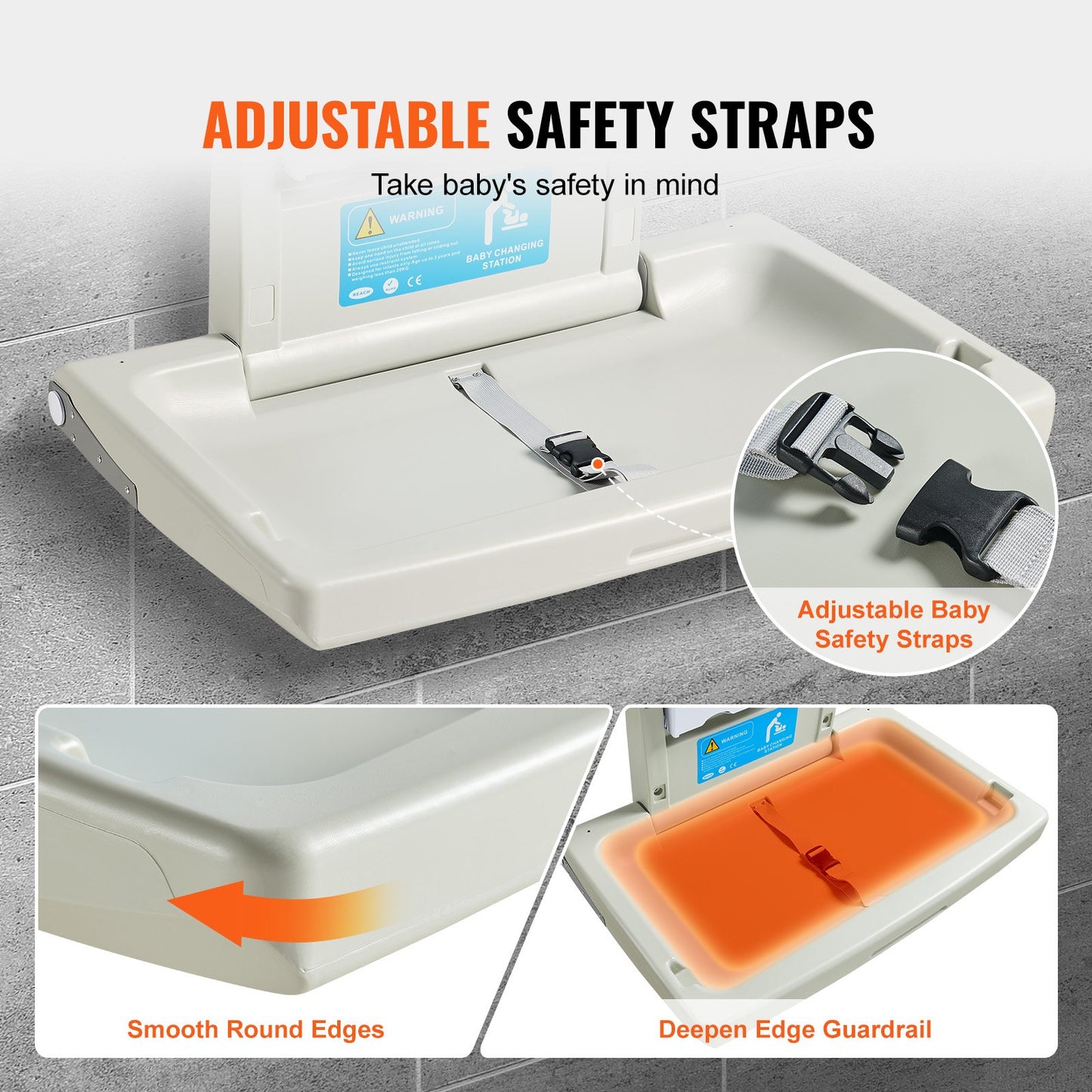Wall-mounted changing table, horizontal folding diaper changing table with safety straps and hanging bars, use in commercial bathrooms, daycare centers for newborns and infants