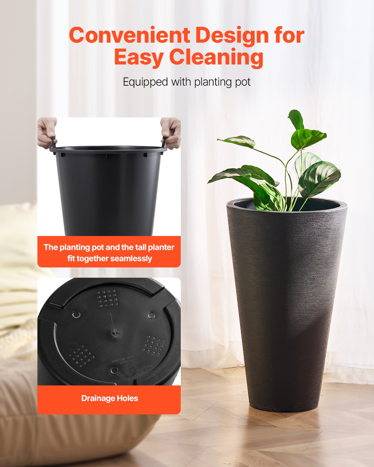 Tall Planter Set med 2 runda avsmalnande växtkrukor 24 in för utomhus inomhus
