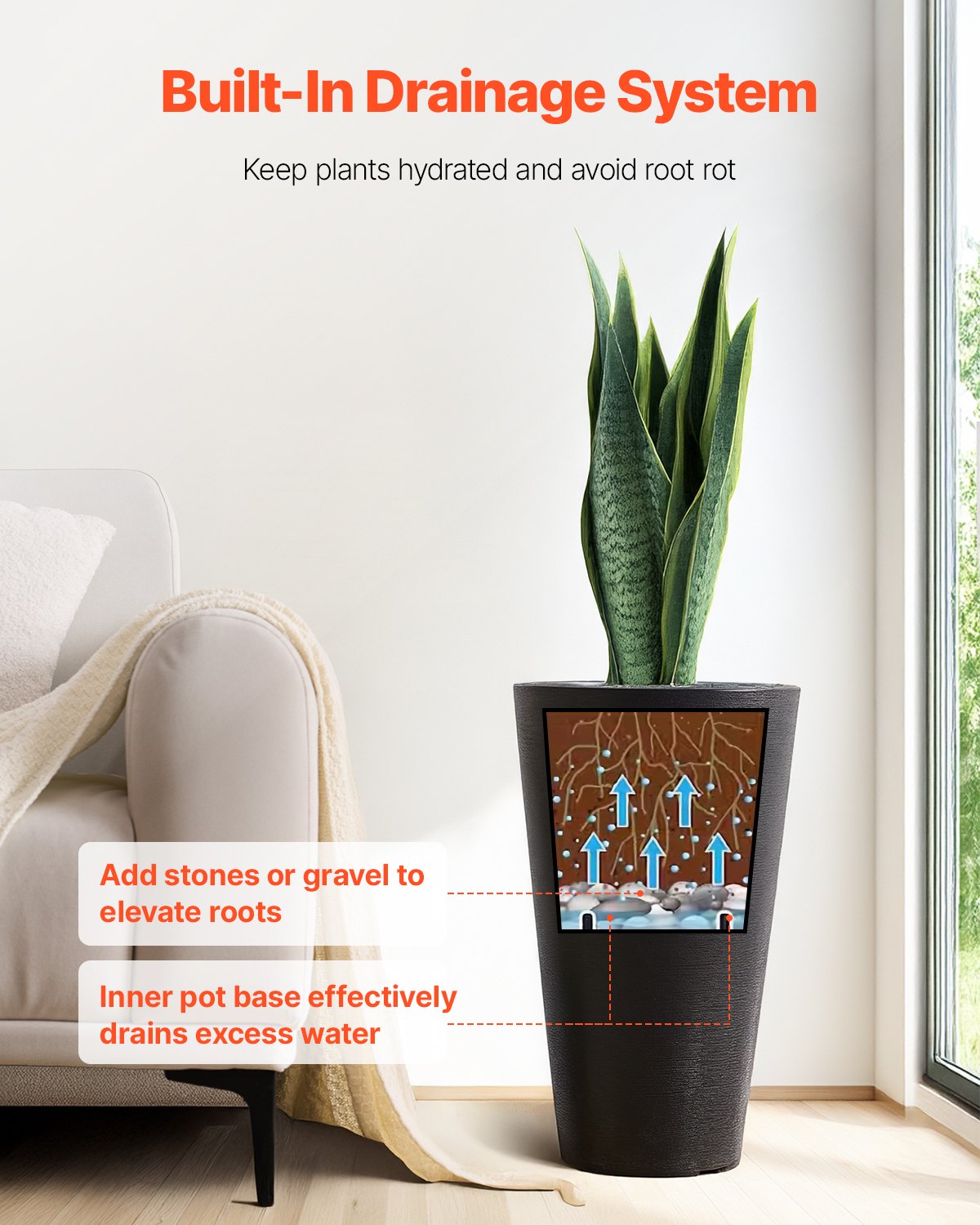 Tall Planter Set med 2 runda avsmalnande växtkrukor 24 in för utomhus inomhus