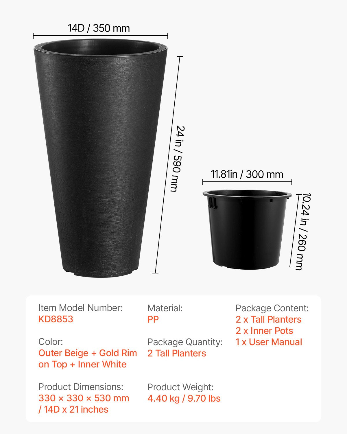 Tall Planter Set med 2 runda avsmalnande växtkrukor 24 in för utomhus inomhus