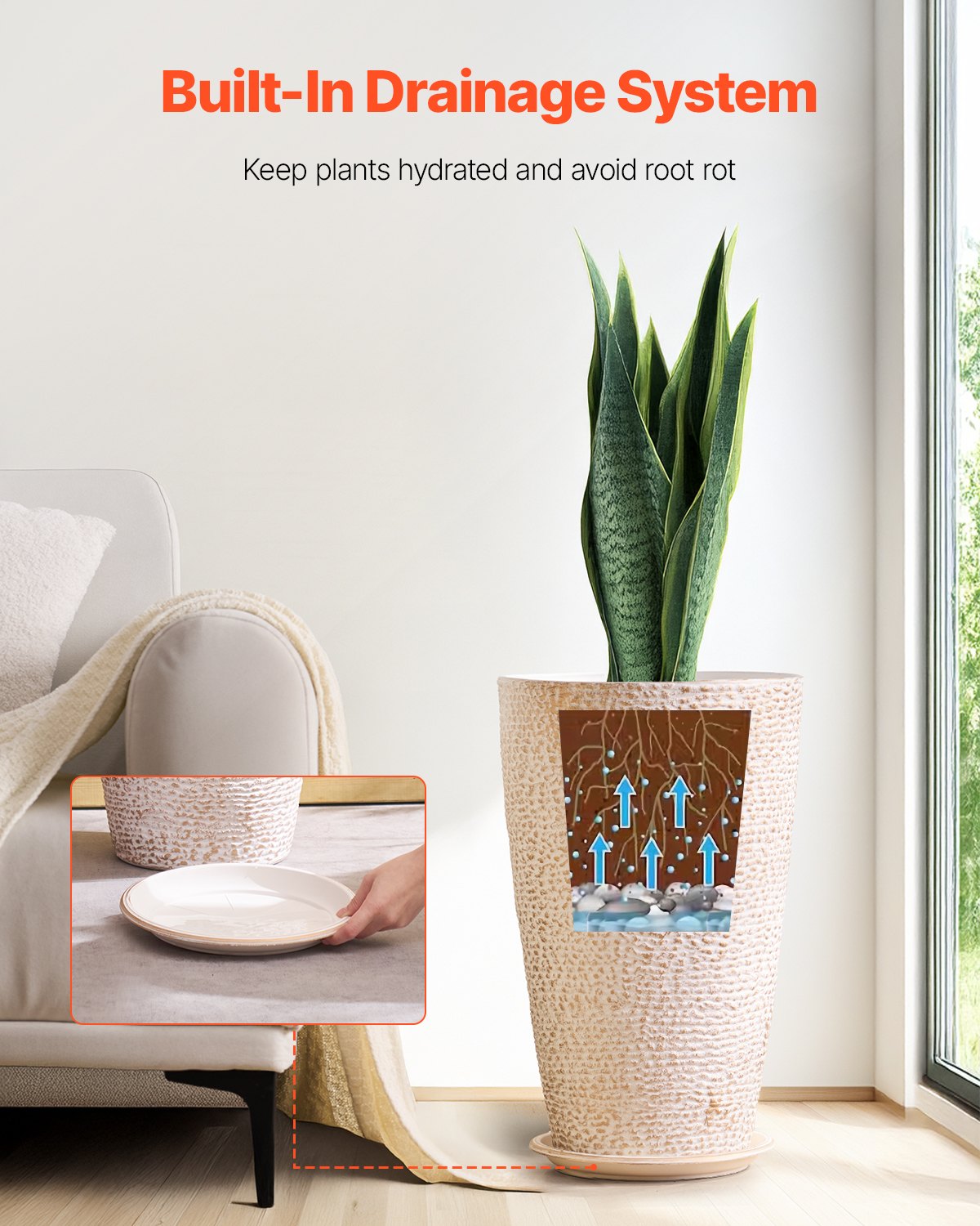 Tall Planter Set of 2 Round Tapered Plant Pots 21 in for Outdoor Indoor