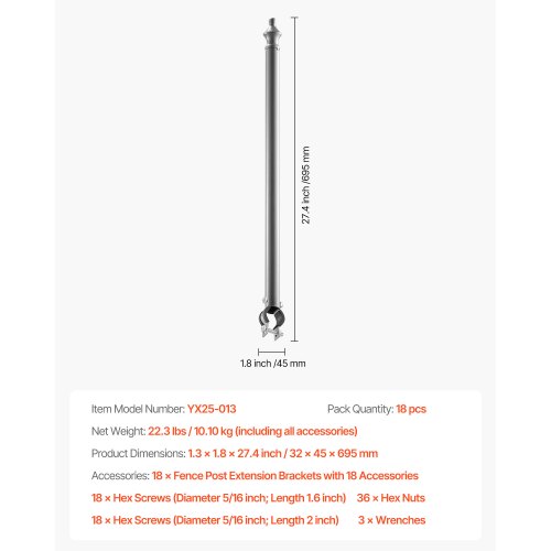 18-Pack 27.4" Chain Link Fence Extender for 1.3-1.5" Top Rail U-Bracket | EU