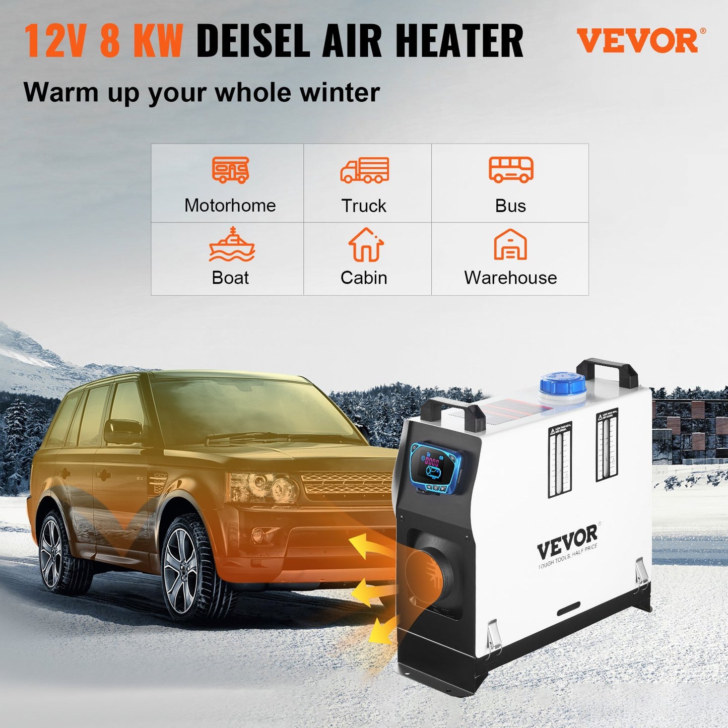 Dieselluftvärmare, 8KW Parkeringsvärmare, Allt i 1, 12V Lastbilsvärmare, One Air Outlet, med röd LCD-omkopplare, Fjärrkontroll, Snabbvärmande Dieselvärmare, För bil, RV Truck, Båt, Husbilar, Husvagnar