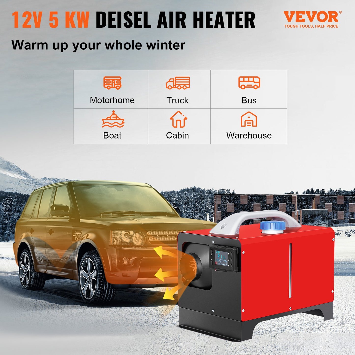 NEW Dieselluftvärmare, 5KW 12V Parkeringsvärmare, Mini Lastbilsvärmare, Enkelt utloppshål, med svart LCD, Fjärrkontroll, Snabbvärmande Dieselvärmare, För RV Lastbil, Båt, Buss, Bilsläp, Husbilar