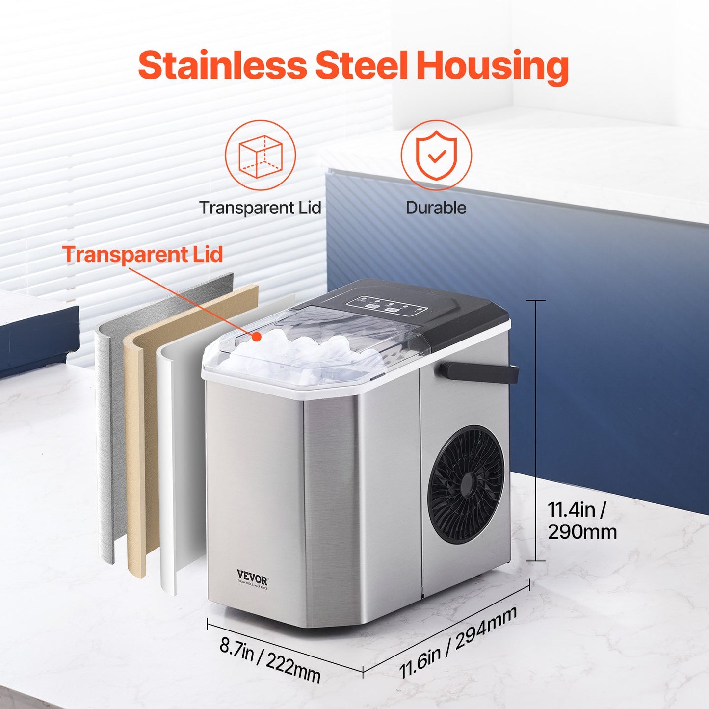 Portable Countertop Ice Maker 26lbs/24H Self-Cleaning with Bucket Basket