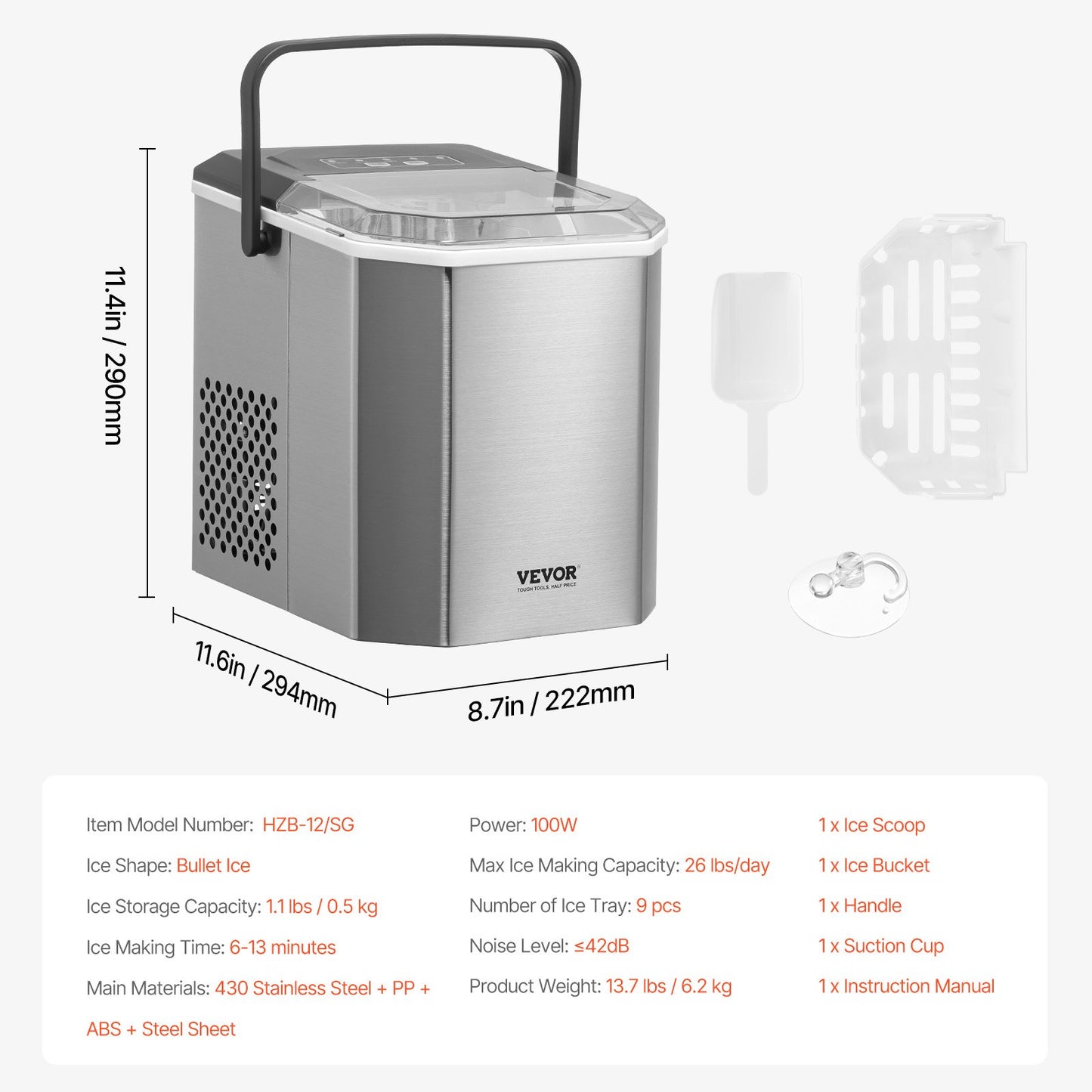 Portable Countertop Ice Maker 26lbs/24H Self-Cleaning with Bucket Basket