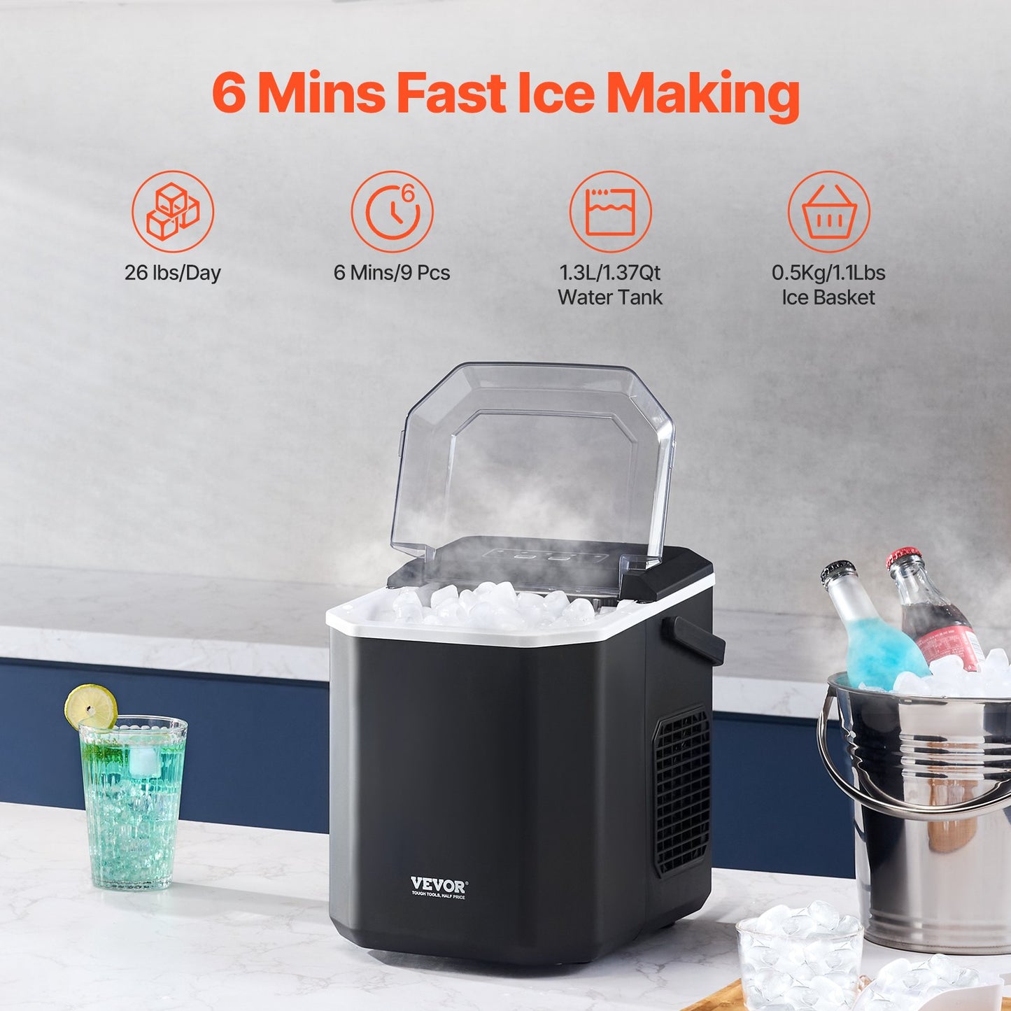 Portable Countertop Ice Maker 26lbs/24H Self-Cleaning with Bucket Basket