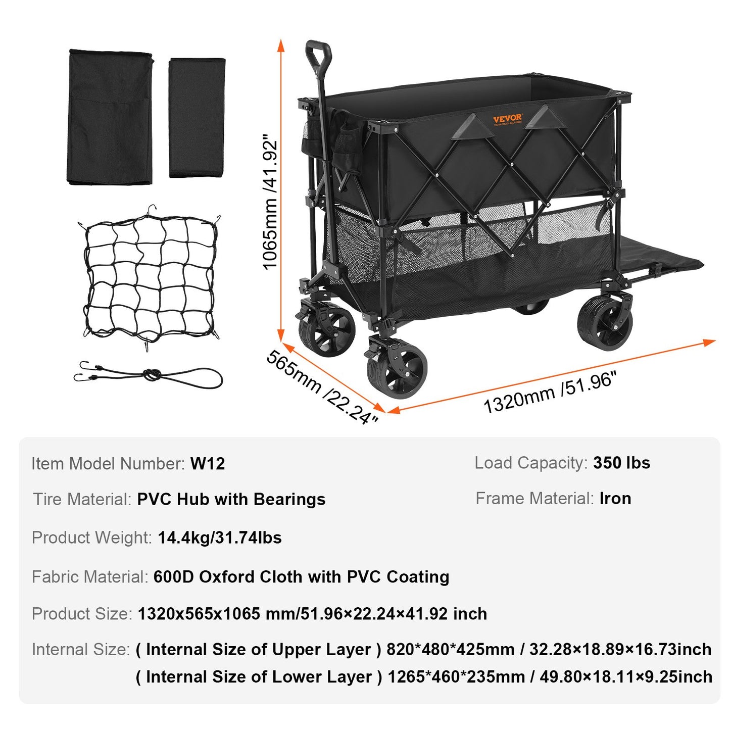 Faltbarer Doppeldeckerwagen, 400 l, faltbarer Wagen mit All-Terrain-Rädern, robuster, faltbarer Wagen mit 350 lbs Tragkraft für Camping, Einkaufen, Garten, 52" extra lange Verlängerung