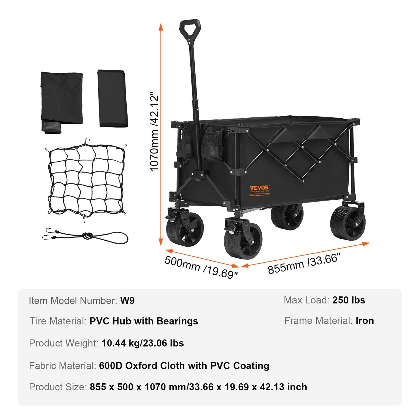 Hopfällbar hopfällbar vagn, 113 L strandvagnsvagn med terränghjul, tung hopfällbar vagn Max 250 lbs med dryckeshållare, sportvagn för camping, shopping, trädgård