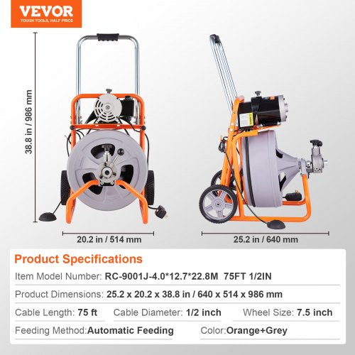 avloppsrengöringsmaskin 75FT x 1/2 tum automatisk matning med hjul och 8 fräsar | EU
