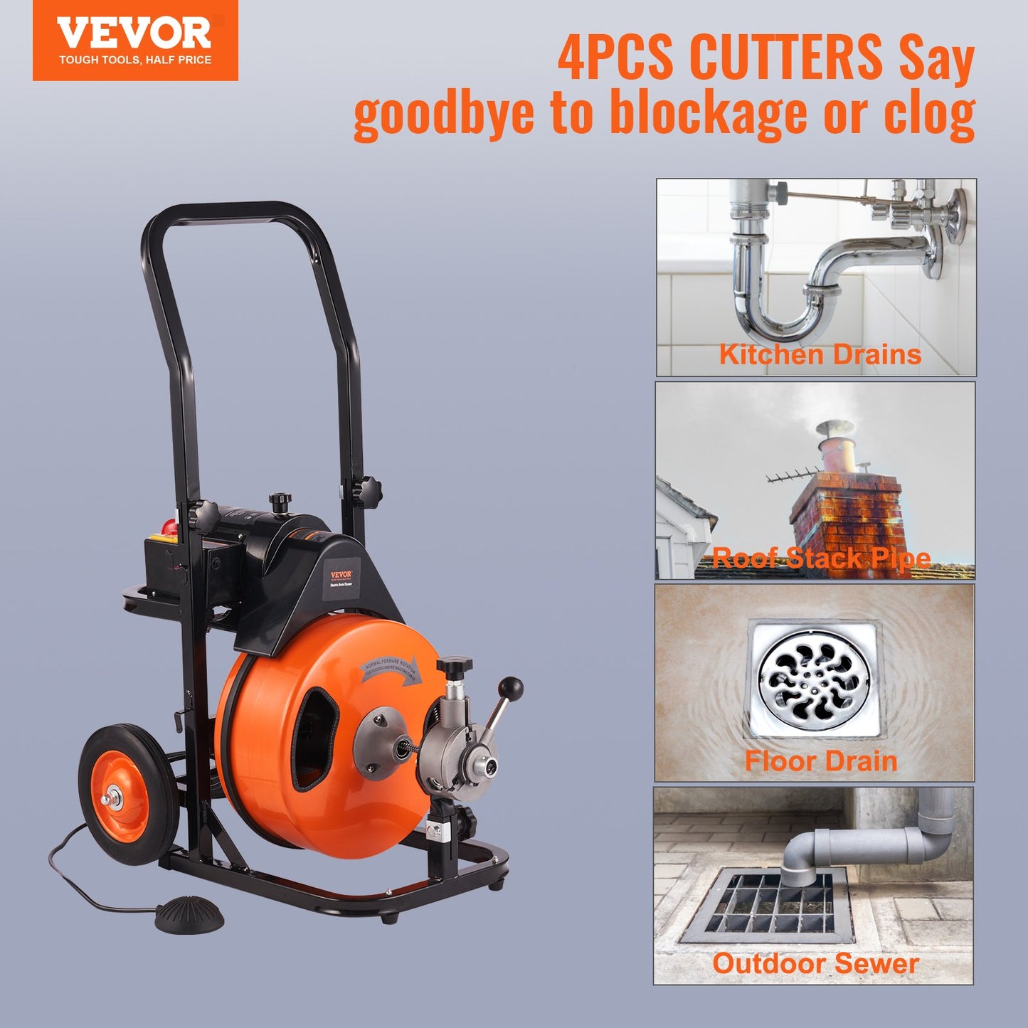 Drain Cleaning Machine Electric Drain Auger 50 FT x 3/8 In Auto Feed