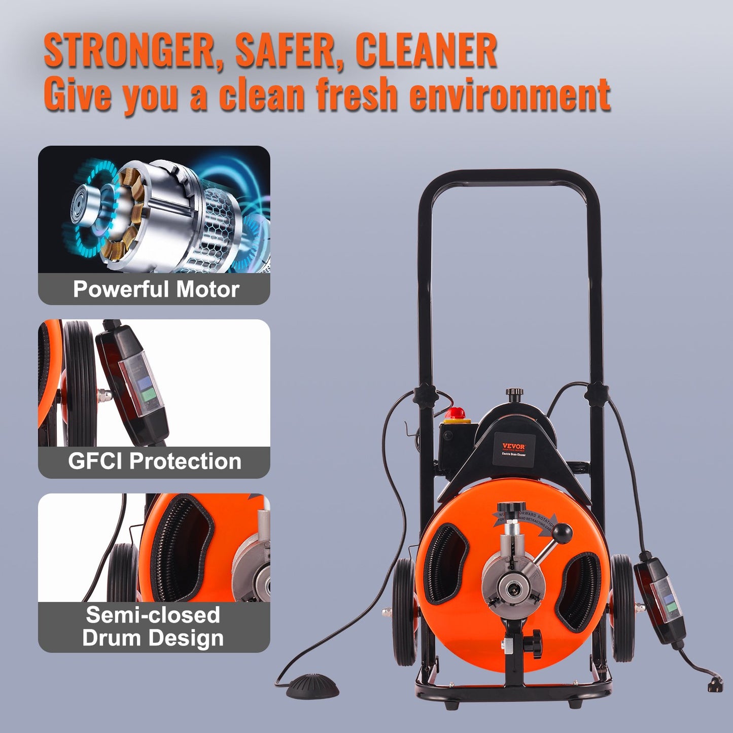 Drain Cleaning Machine Electric Drain Auger 75 FT x 3/8 In Auto Feed