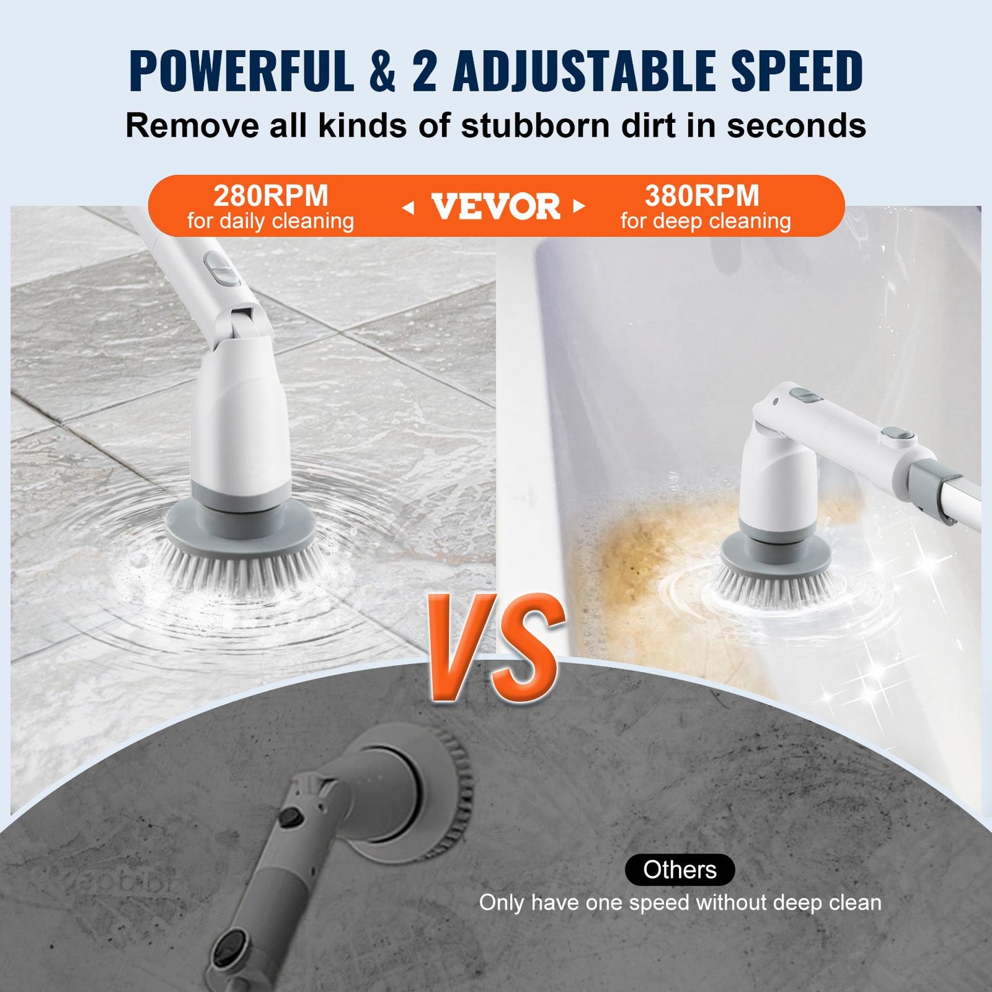 Electric Spin Scrubber, sladdlös rengöringsborste med 2 justerbara hastigheter och utdragbart långt handtag, 1,5H Runtime Power Shower Scrubber med 4 utbytbara borsthuvuden för badrum, badkar, kakel