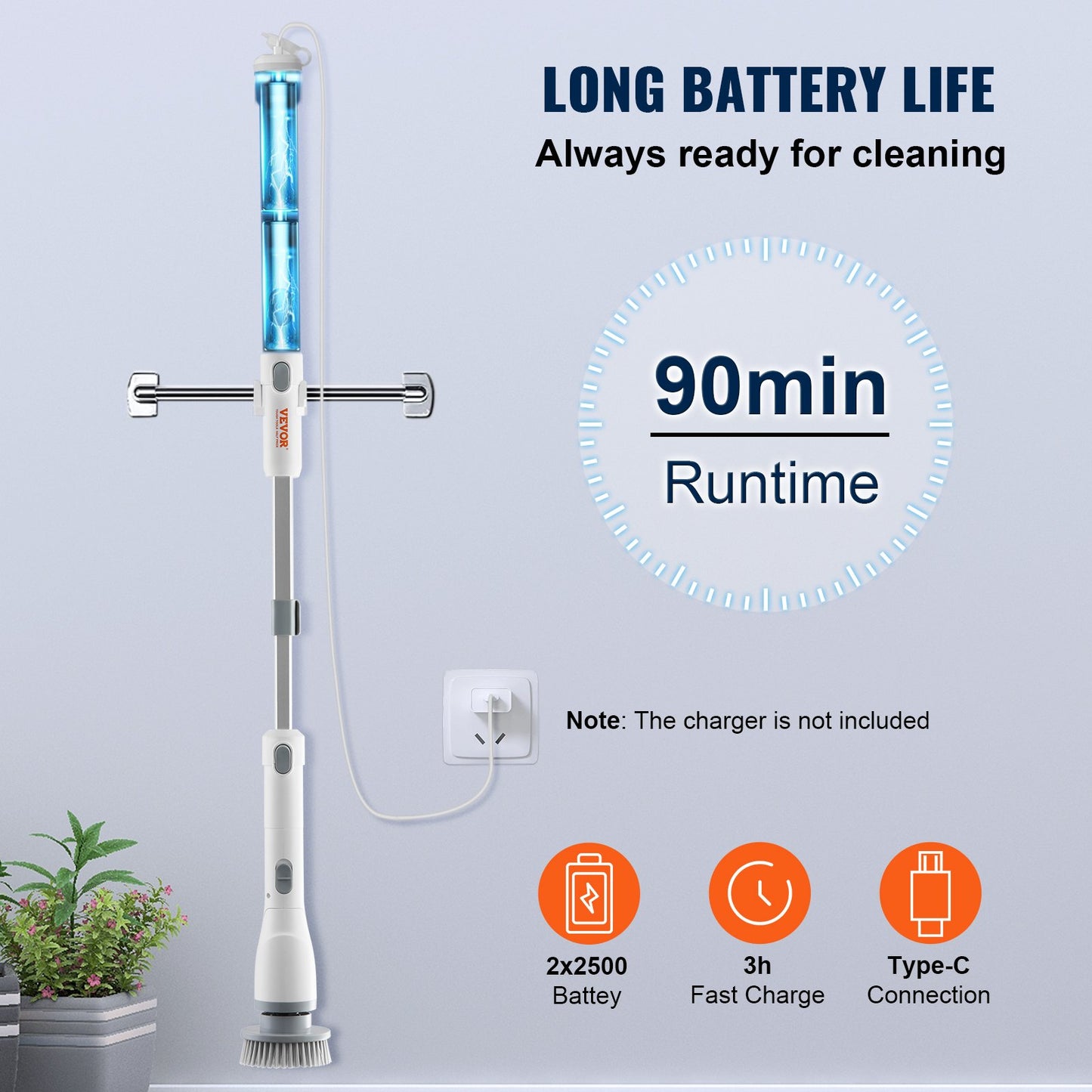 Electric Spin Scrubber, sladdlös rengöringsborste med 2 justerbara hastigheter och utdragbart långt handtag, 1,5H Runtime Power Shower Scrubber med 4 utbytbara borsthuvuden för badrum, badkar, kakel