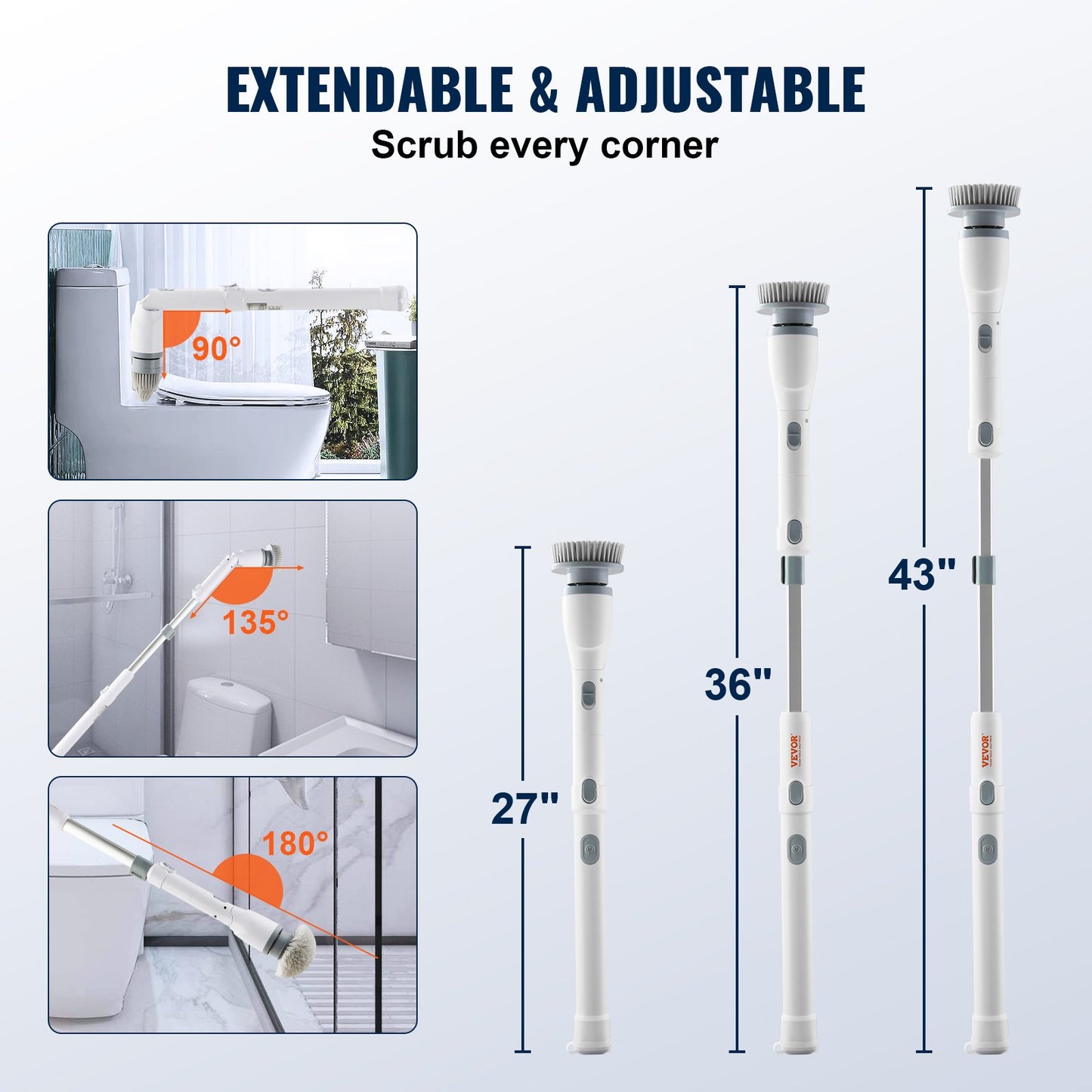 Electric Spin Scrubber, sladdlös rengöringsborste med 2 justerbara hastigheter och utdragbart långt handtag, 1,5H Runtime Power Shower Scrubber med 4 utbytbara borsthuvuden för badrum, badkar, kakel