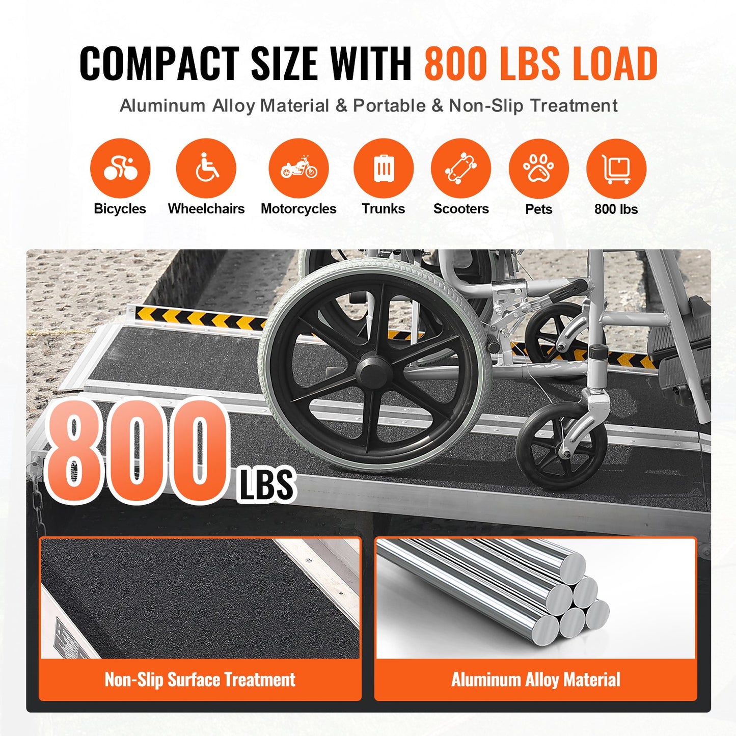 Bärbar Rullstolsramp, 8 fot 800 lbs Kapacitet, Halkfri fällbar tröskelramp i aluminium, hopfällbar Mobility Scooter Ramp Rullstolsramp, Handikappramp för hemtrappor, trappor, dörröppningar, trottoarkanter