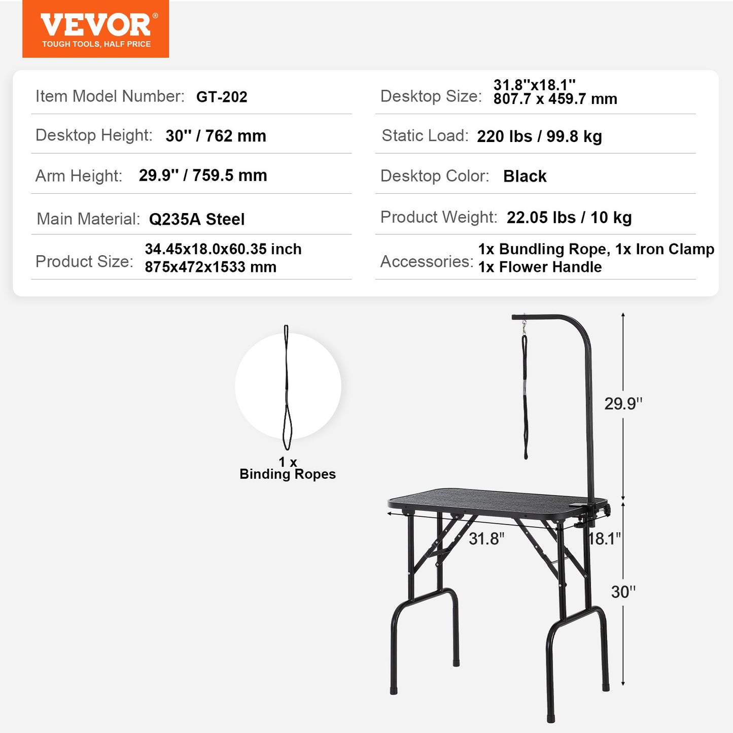 PET Grooming Table Arm with Clamp, 808 x 460 mm Dog Grooming Station, Foldable PET Grooming Stand for Medium and Small Dogs, Free No Sit Hanging Holder with Grooming Loop, Bearing 99.8 kg