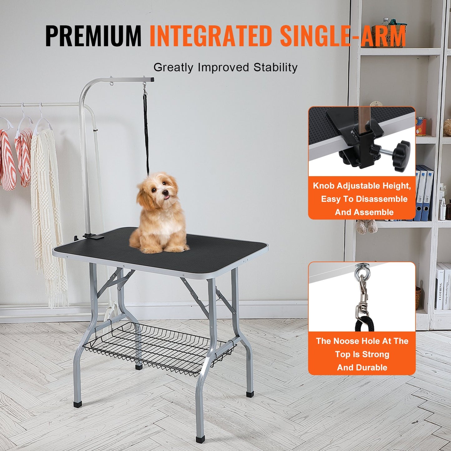 PET-Pflegetischarm mit Klemme, 915 x 610 mm Hundepflegestation, faltbarer PET-Pflegeständer für mittelgroße und kleine Hunde, kostenloser No-Sit-Hunch-Halter mit Pflegeschlaufe, Tragkraft 149,7 kg
