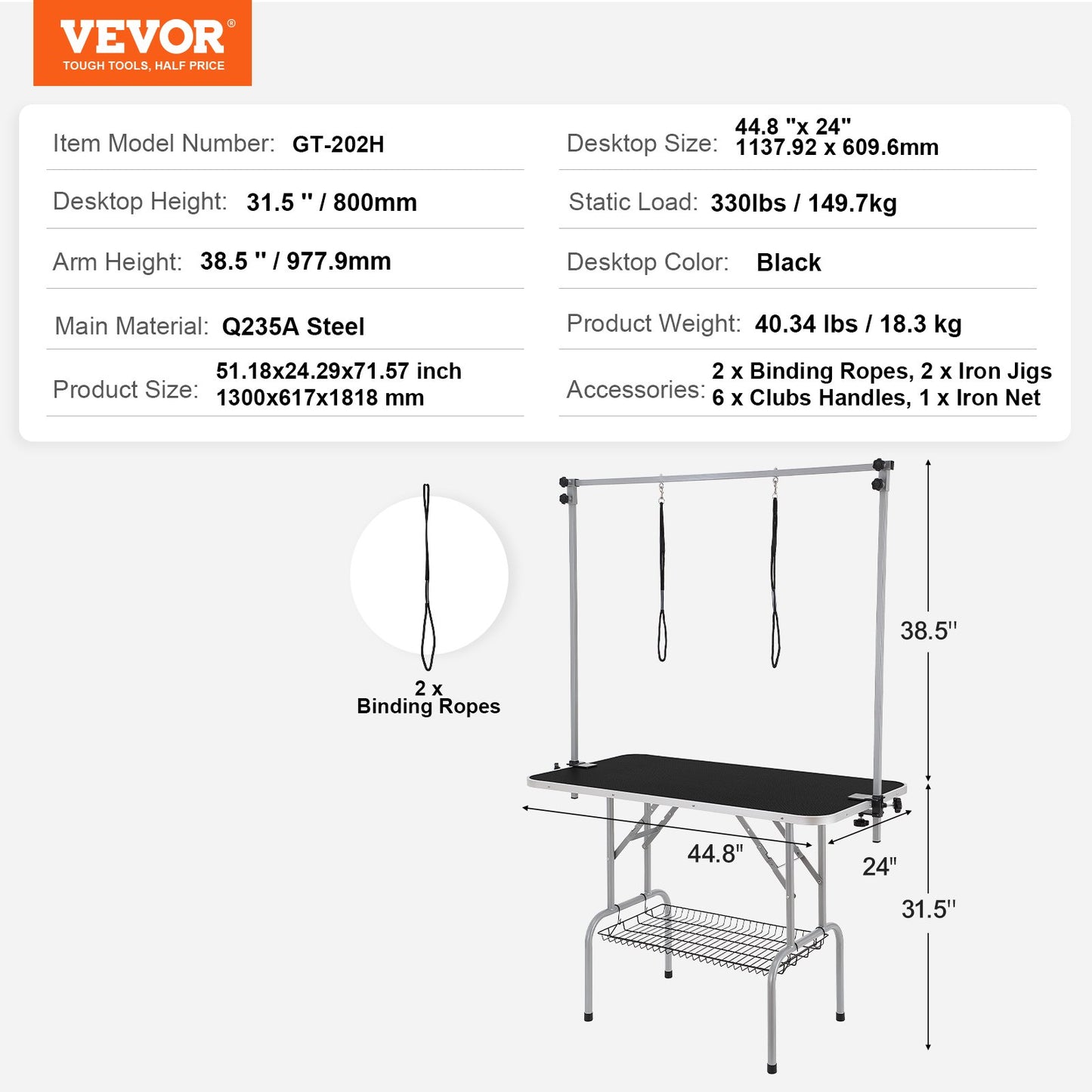 Pet Grooming Table Two Arms with Clamp, 117cm Dog Grooming Station, Foldable Pet Trimming Stand for Medium and Small Dogs, Free Two No Sit Bite Holders with Grooming Loop, Bearing 149.7kg