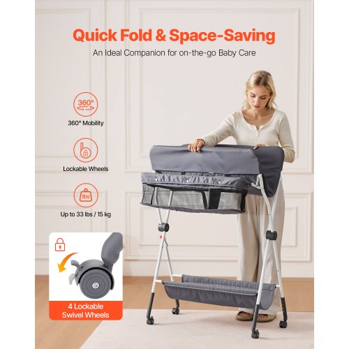 Foldable diaper changing station with side basket and wheels dark gray