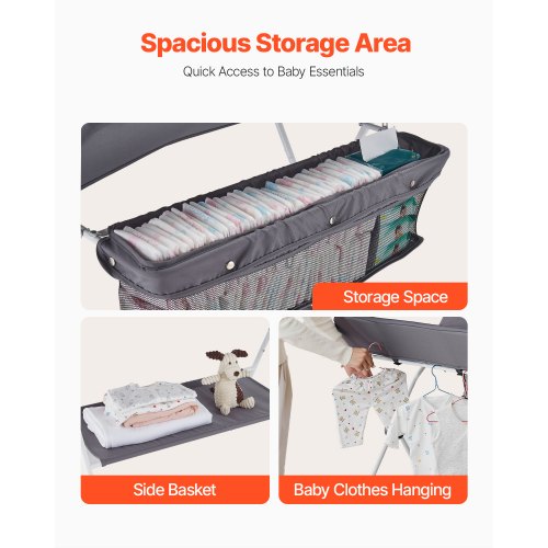Foldable diaper changing station with side basket and wheels dark gray