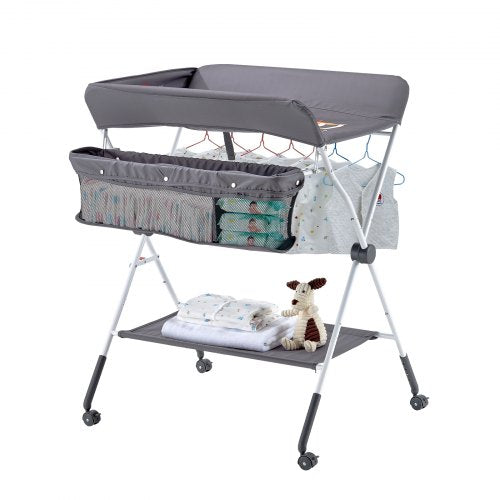 Foldable diaper changing station with side basket and wheels dark gray