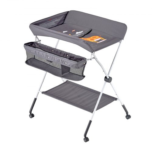 Foldable diaper changing station with side basket and wheels dark gray