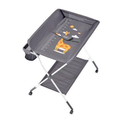 Foldable diaper changing station with side basket and wheels dark gray