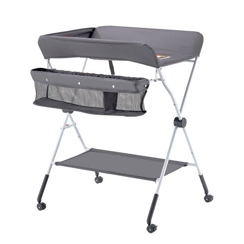 Foldable diaper changing station with side basket and wheels dark gray