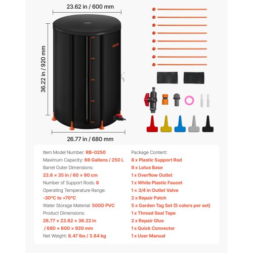 Hopfällbar regntunna, 250 l bärbar regnvattentunna, 500D PVC regnvattenuppsamlingssystem, trädgårdsvattenbehållare med kran och överfyllningskit, svart |  EU
