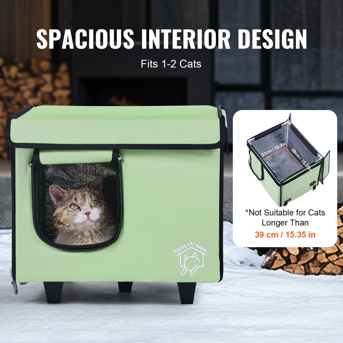 Förhöjda uppvärmda katthus Cuboid Kitty Shelter med uppvärmd pad grön (S)