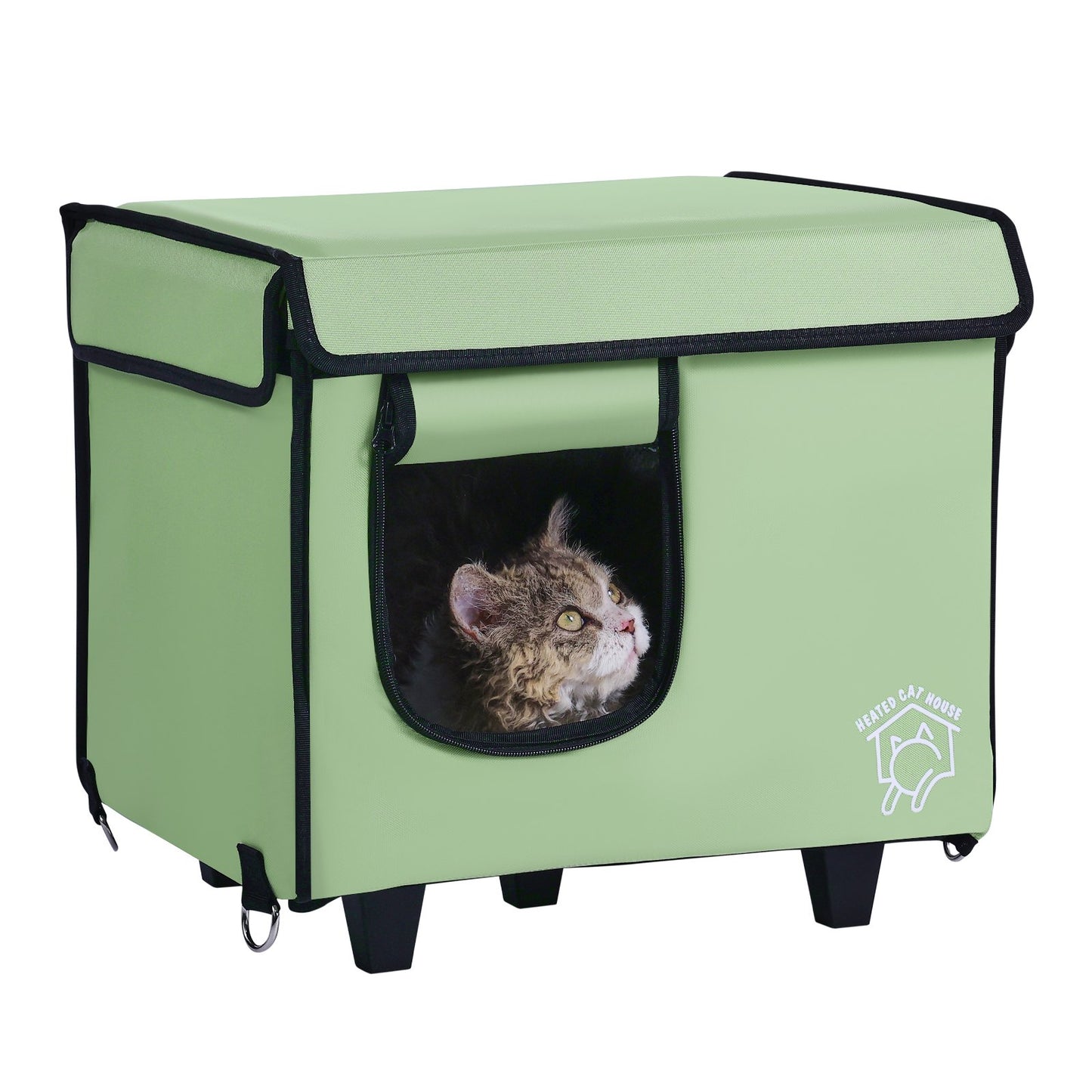 Förhöjda uppvärmda katthus Cuboid Kitty Shelter med uppvärmd pad grön (S)