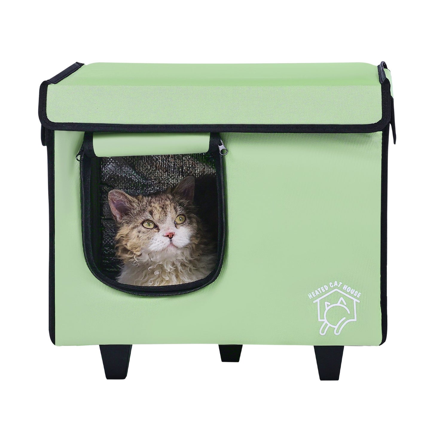 Förhöjda uppvärmda katthus Cuboid Kitty Shelter med uppvärmd pad grön (S)
