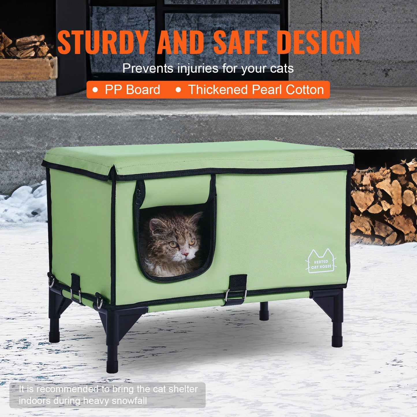 Förhöjda uppvärmda katthus Cuboid Kitty Shelter med uppvärmd pad grön (M)
