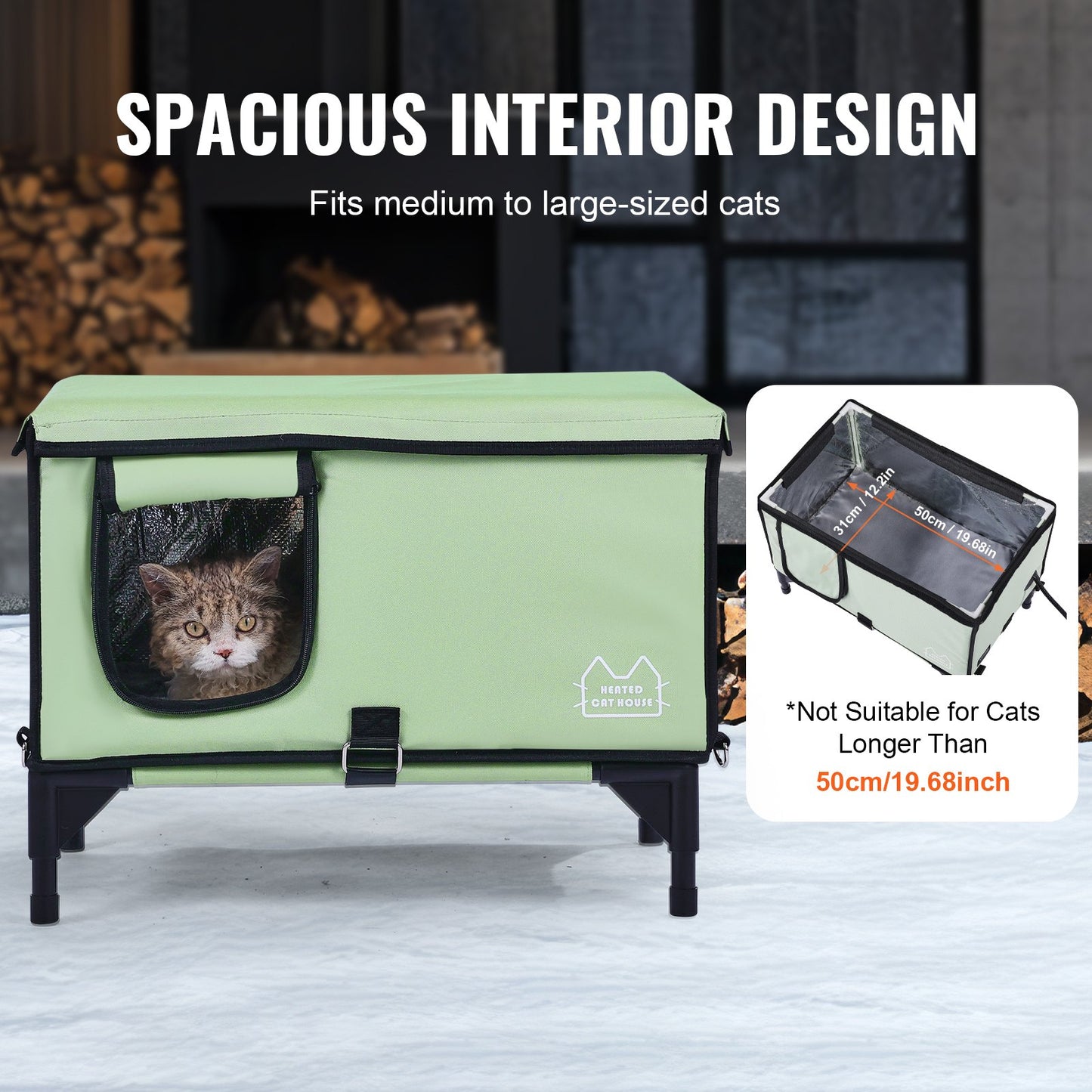 Förhöjda uppvärmda katthus Cuboid Kitty Shelter med uppvärmd pad grön (M)
