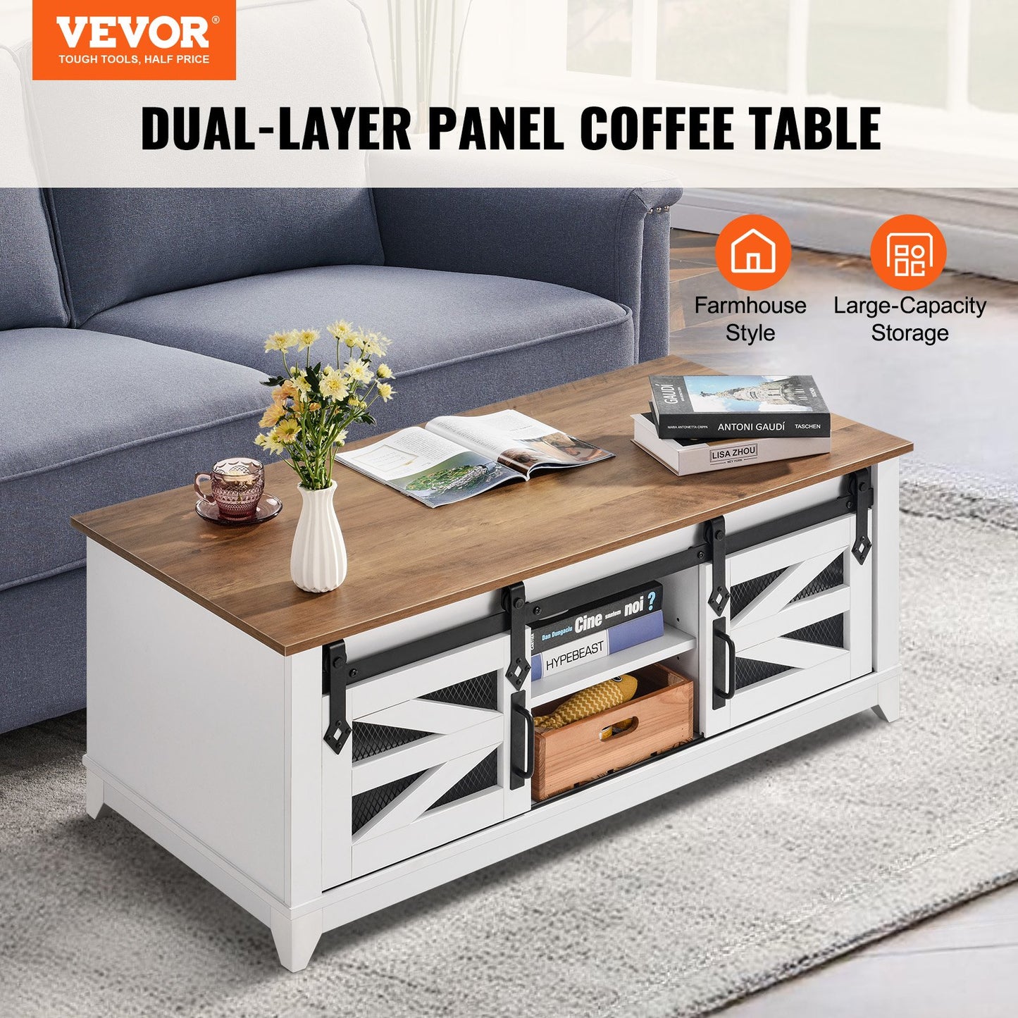 48" Farmhouse Soffbord 2-vånings rektangelbord med skjutbara ladugårdsdörrar