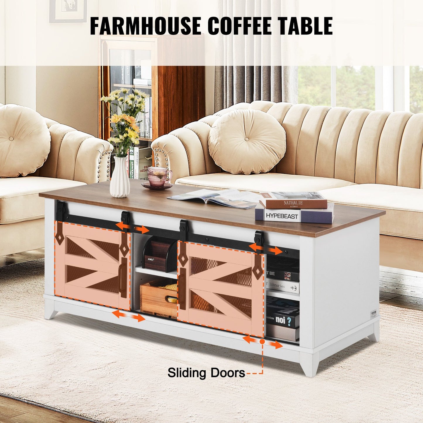 48" Farmhouse Soffbord 2-vånings rektangelbord med skjutbara ladugårdsdörrar