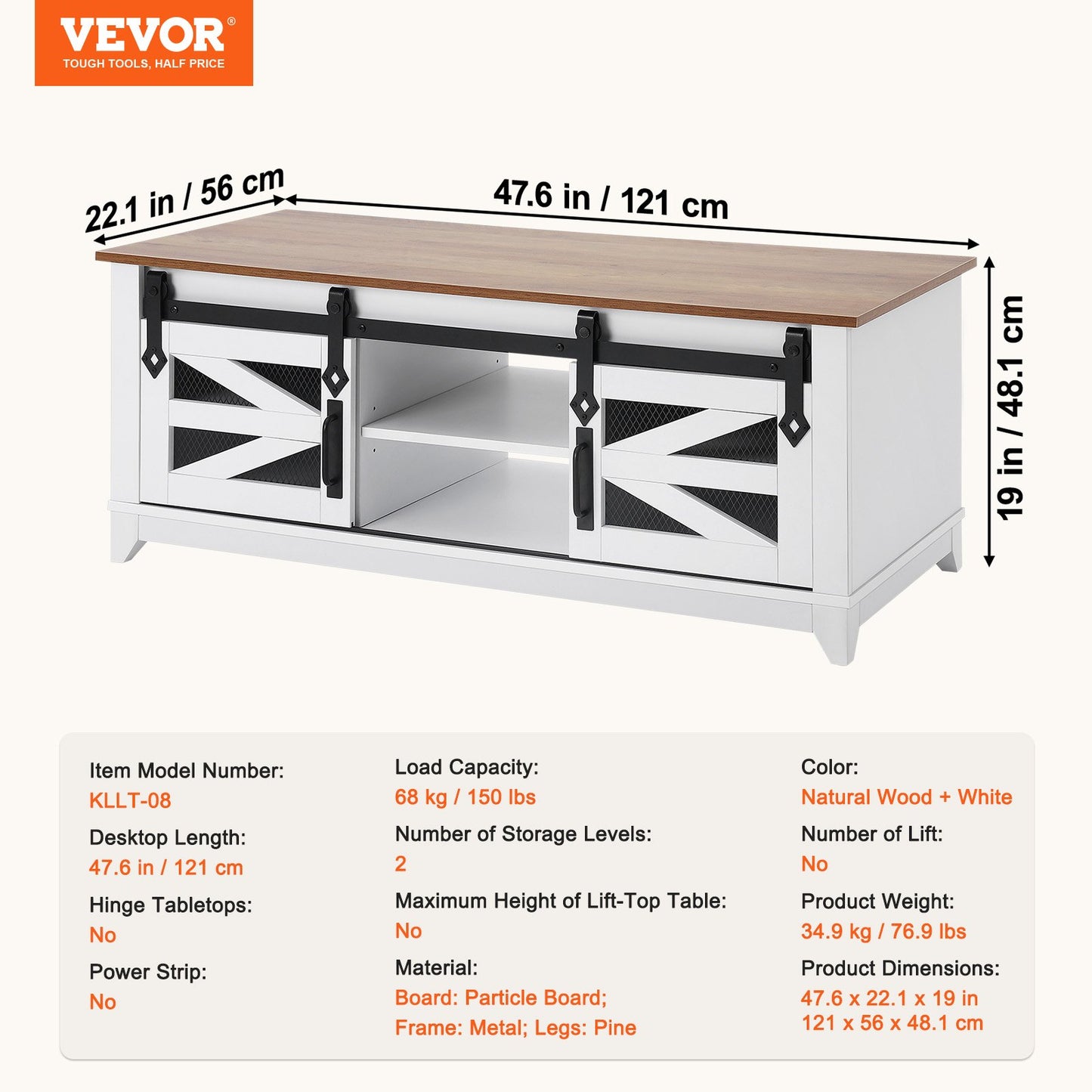 48" Farmhouse Soffbord 2-vånings rektangelbord med skjutbara ladugårdsdörrar