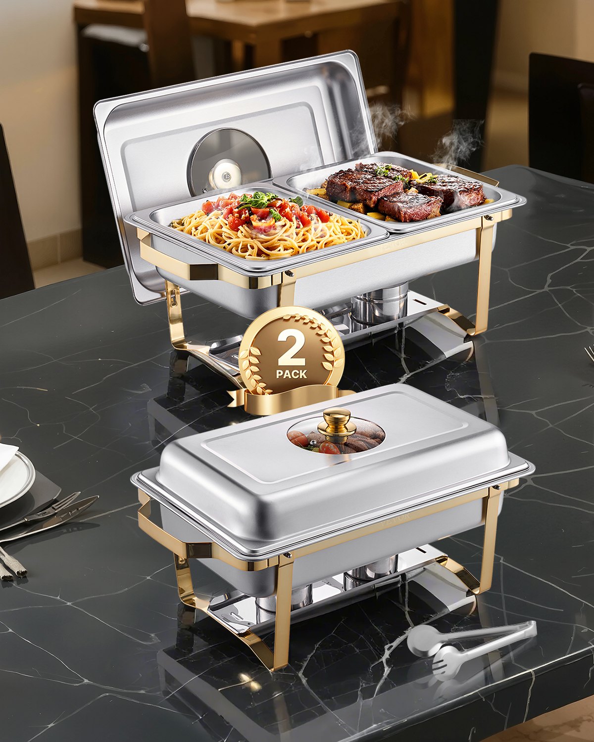 4 Qt 2-Pack Rectangle Chafing Dish Buffet Set Half Size Pan Stainless Steel